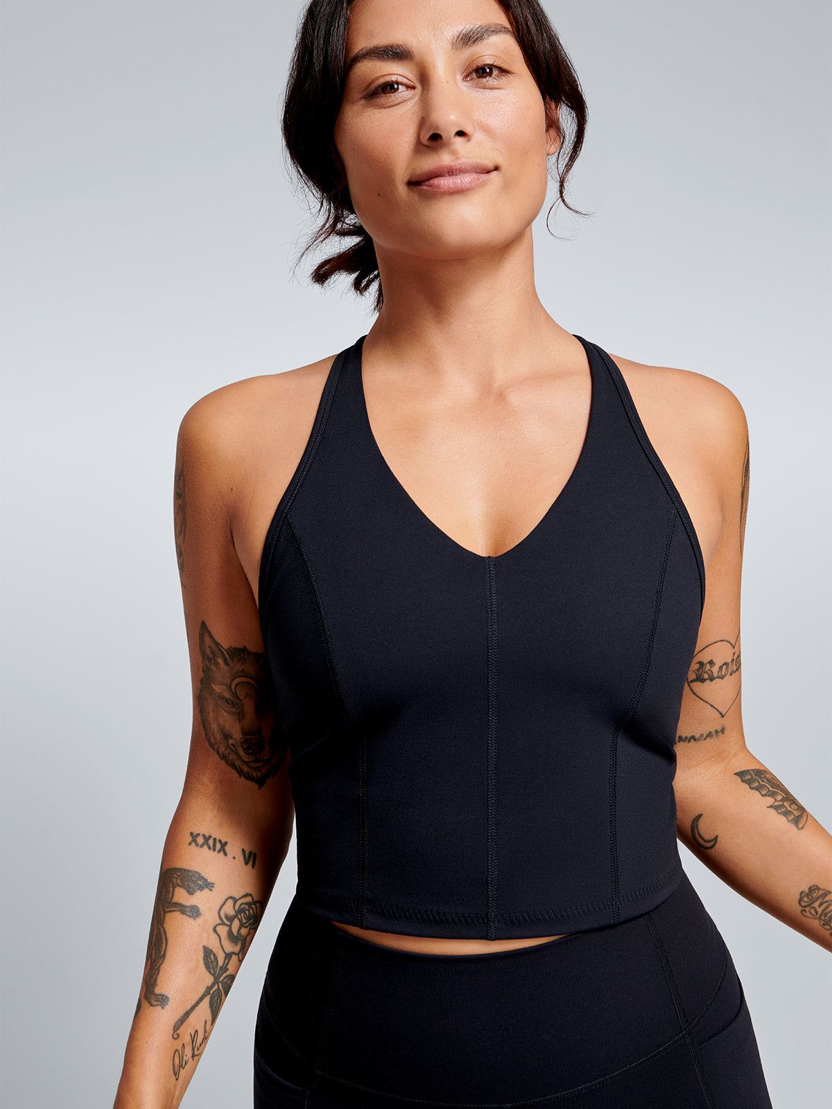 Womens femme fatale recycled longline black sports bra 1