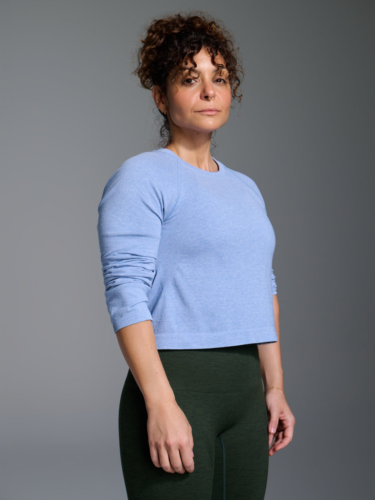Womens here today cropped long sleeve blue marl tank top 5