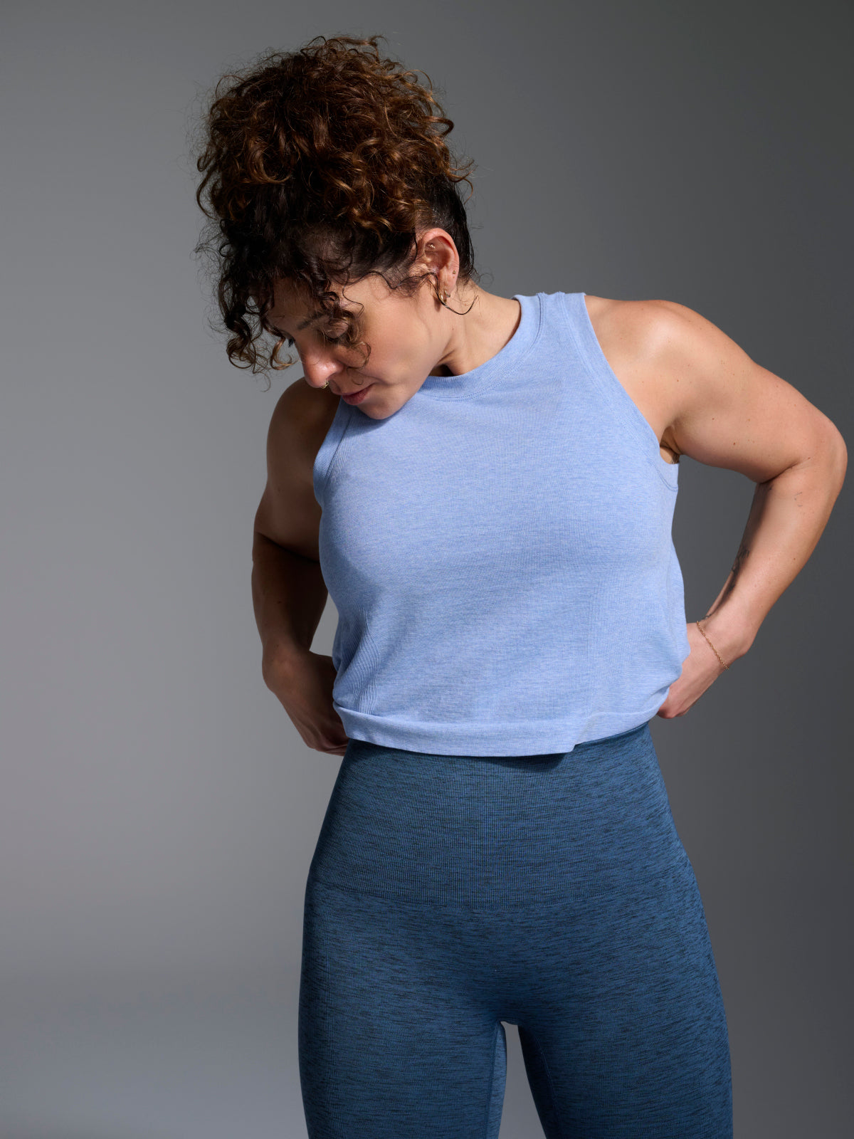 Womens here today cropped blue marl tank top 1