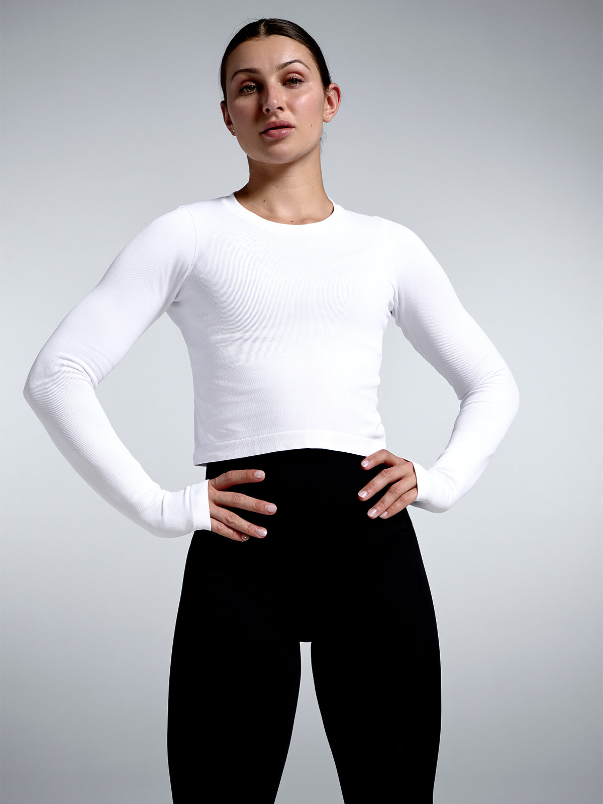 Womens power crop long sleeve white tank top 1