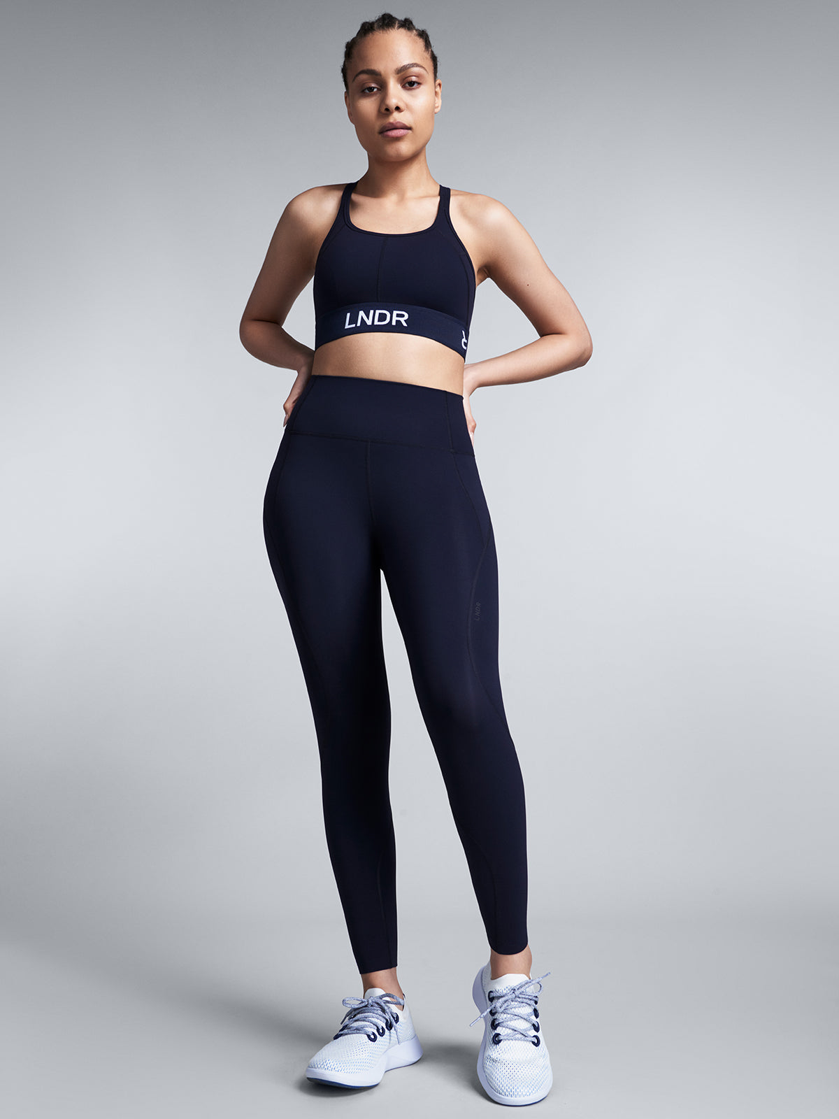 Womens limitless pocket high waisted ankle length navy blue leggings 1